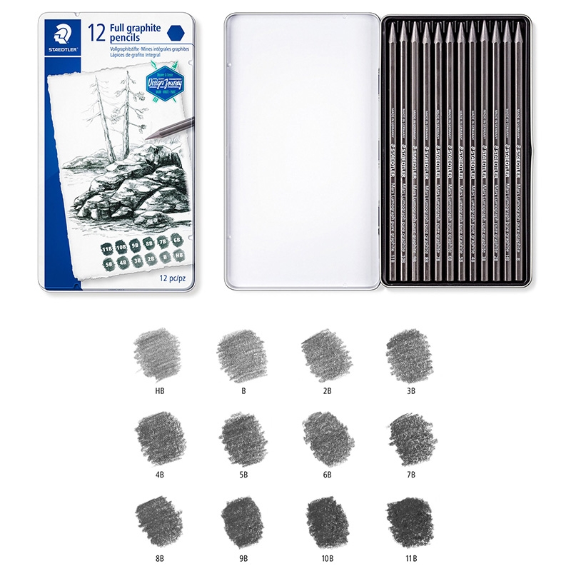 STAEDTLER LUMOGRAPH PURE GRAPHITE PENCILS SET OF 12 ASSORTED DEGREES